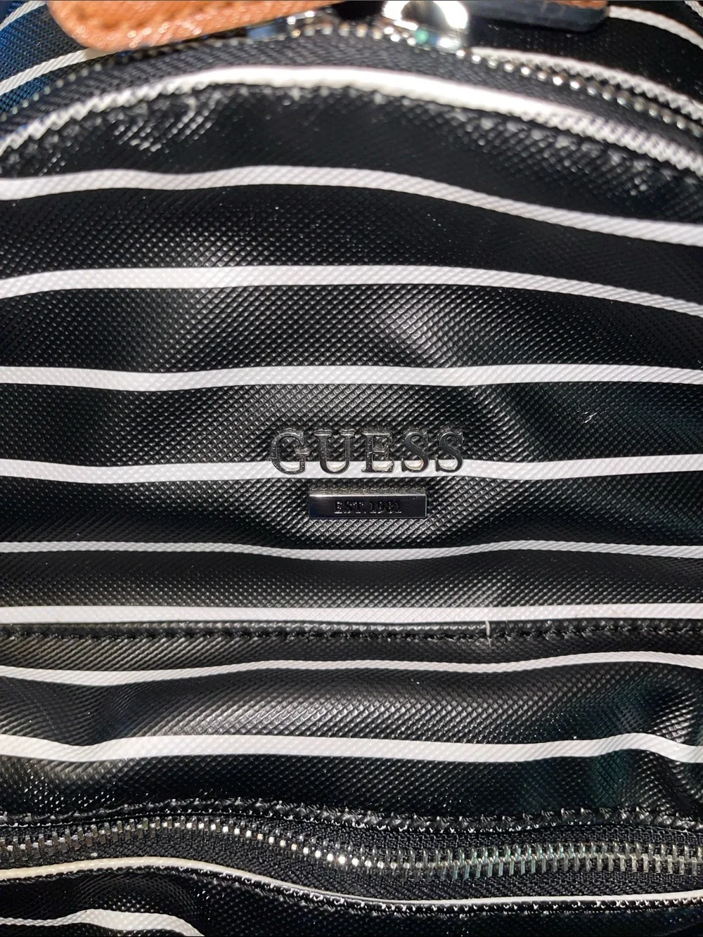 GUESS Black and White Striped Backpack